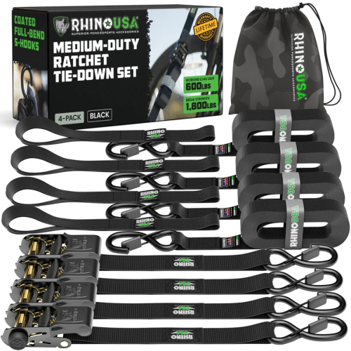 Rhino USA - Rhino USA 1in. x 15ft. Ratchet Tie-Down Set - Black - GMG-R1-4PACK