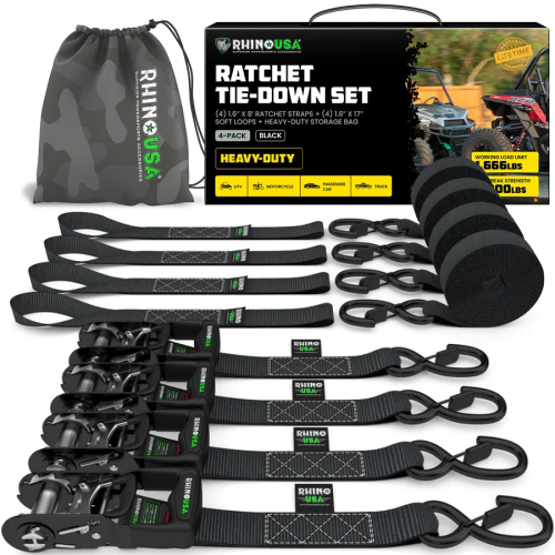 Rhino USA - Rhino USA 1.6in. x 8ft. HD Ratchet Tie-Down Set - Black - 4Pack - HD-RATCHETKIT-4PK