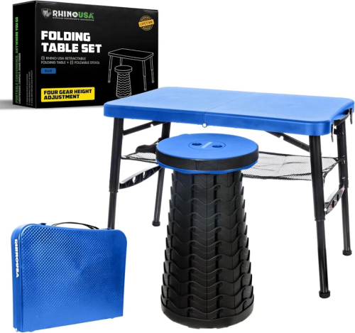 Rhino USA - Rhino USA Folding Camping Table & Stool Set - Blue - CA-FRTABSTL-BLU