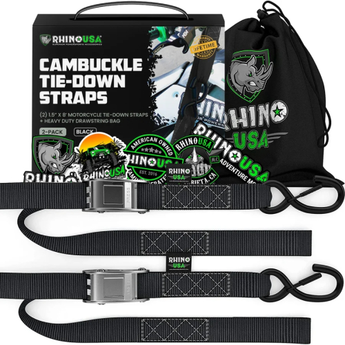 Rhino USA - Rhino USA 1.5in. x 8ft. Cambuckle Tie-Down Straps - Black - G-CAMSOFT-2PK