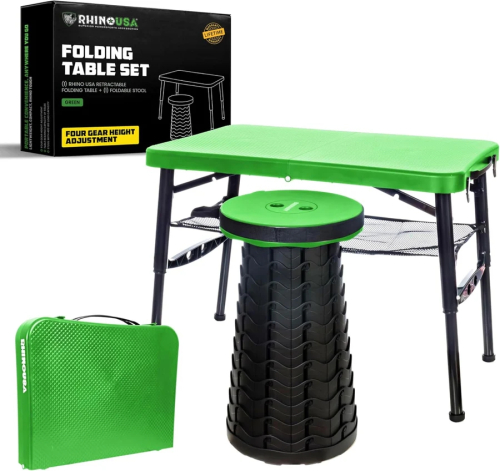 Rhino USA - Rhino USA Folding Camping Table & Stool Set - Green - CA-FRTABSTL-GRN