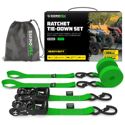 Rhino USA - Rhino USA 1.6in. x 8ft. HD Ratchet Tie-Down Set - Green - HDKIT-2PK-GRN