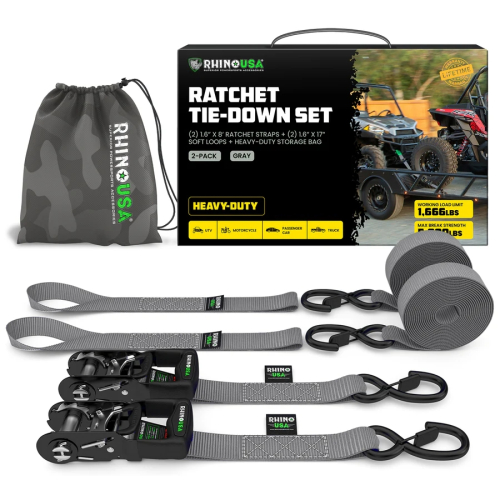 Rhino USA - Rhino USA 1.6in. x 8ft. HD Ratchet Tie-Down Set - Gray - HDKIT-2PK-GRY