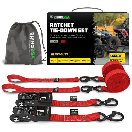 Rhino USA - Rhino USA 1.6in. x 8ft. HD Ratchet Tie-Down Set - Red - HDKIT-2PK-RED
