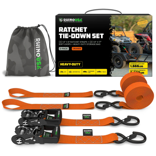 Rhino USA - Rhino USA 1.6in. x 8ft. HD Ratchet Tie-Down Set - Orange - HDKIT-2PK-ORG