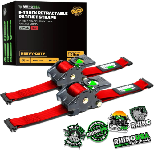 Rhino USA - Rhino USA Retractable E-Track Ratchet Straps - 2in.x10ft. - 2Pack - Red - TD-RSRE2X10-ETRK-RED
