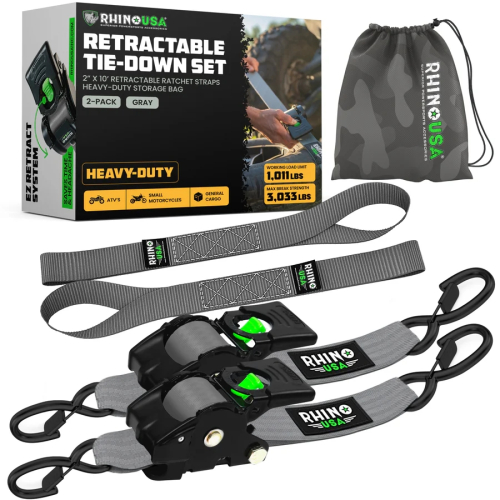 Rhino USA - Rhino USA Retractable Ratchet Straps - 2in.x10ft. - 2Pack - Gray - TD-RSRE2X10-GRY
