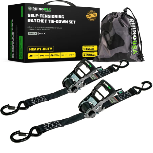 Rhino USA - Rhino USA Self-Tensioning Ratchet Straps - 1.6in. - 15ft. - 2Pack - TD-RSST-16X15-2BLK
