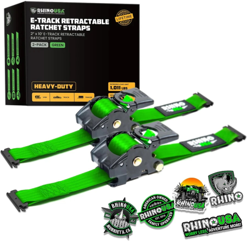 Rhino USA - Rhino USA Retractable E-Track Ratchet Straps - 2in.x10ft. - 2Pack - Green - TD-RSRE2X10-ETRK-GRN