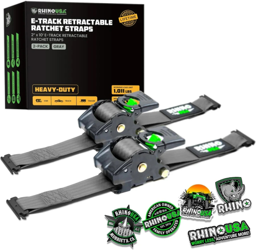Rhino USA - Rhino USA Retractable E-Track Ratchet Straps - 2in.x10ft. - 2Pack - Gray - TD-RSRE2X10-ETRK-GRY
