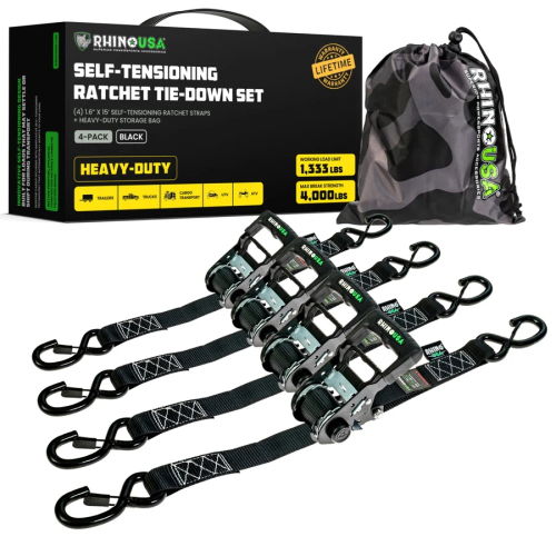 Rhino USA - Rhino USA Self-Tensioning Ratchet Straps - 1.6in. - 15ft. - 4Pack -  Black - TD-RSST-16X15-4BLK
