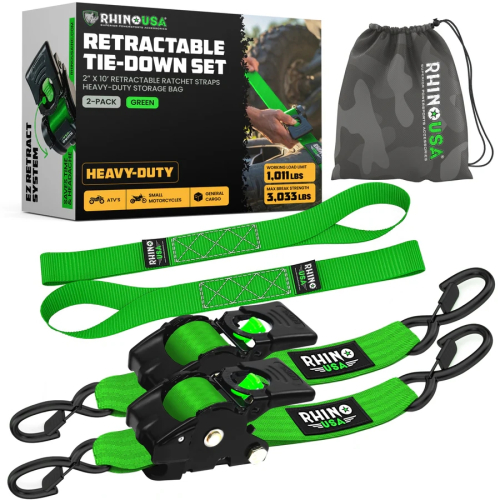 Rhino USA - Rhino USA Retractable Ratchet Straps - 2in.x10ft.- 2 Pack - Green - TIREBAG-BLK