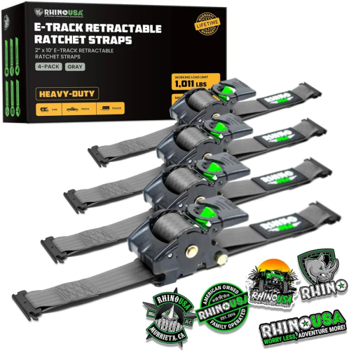 Rhino USA - Rhino USA Retractable E-Track Ratchet Straps - 2in.x10ft. - 4Pack - Gray - TD-RSRE2X10-ETRK-4GRY