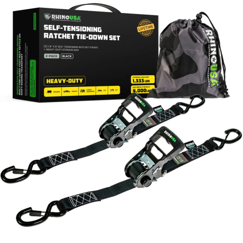 Rhino USA - Rhino USA Self-Tensioning Ratchet Straps - 1.6in. - 8ft. - 2Pack - TD-RSST-16X8-2BLK
