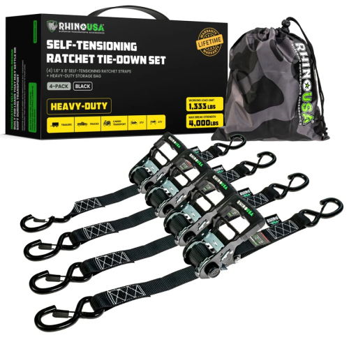 Rhino USA - Rhino USA Self-Tensioning Ratchet Straps - 1.6in. - 8ft. - 4Pack - TD-RSST-16X8-4BLK