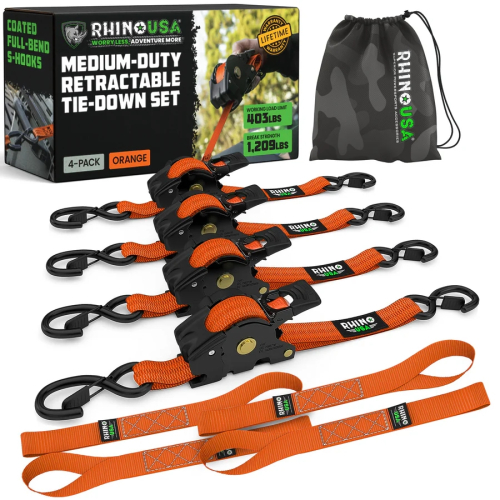 Rhino USA - Rhino USA Retractable Ratchet Straps - 1in.x10ft - 4Pack - Orange - TD-RSRE1X10-ORG-R