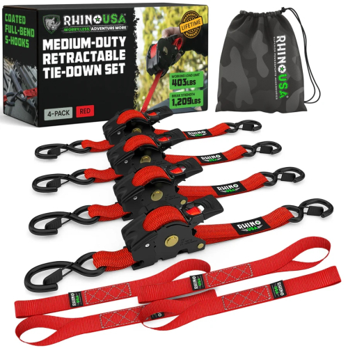 Rhino USA - Rhino USA Retractable Ratchet Straps - 1in.x10ft - 4Pack - Red - TD-RSRE1X10-RED-R