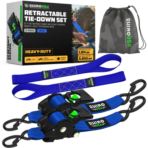 Rhino USA - Rhino USA Retractable Ratchet Straps - 2in.x10ft - 2Pack - Blue - TD-RSRE2X10-BLU-R
