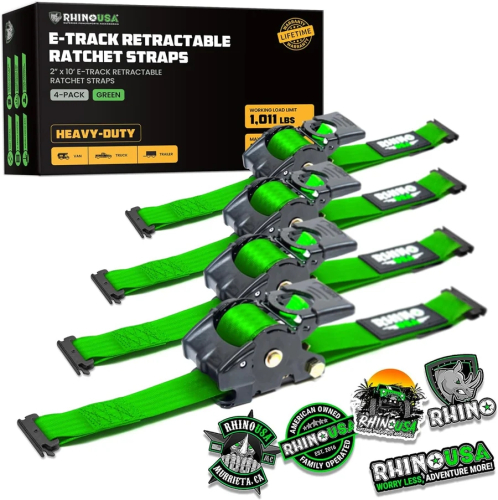 Rhino USA - Rhino USA Retractable E-Track Ratchet Straps - 2in.x10ft. - 4Pack - Green - TD-RSRE2X10-ETRK-4GRN
