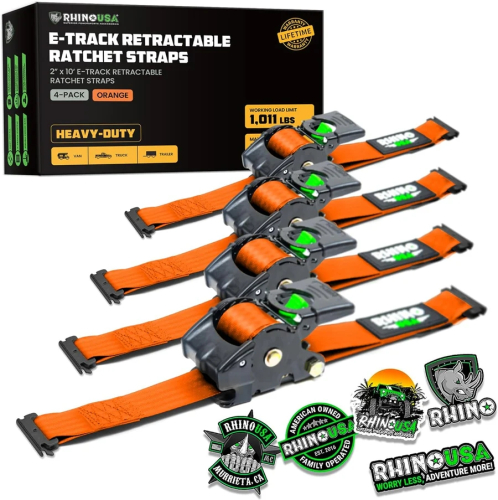 Rhino USA - Rhino USA Retractable E-Track Ratchet Straps - 2in.x10ft. - 4Pack - Orange - TD-RSRE2X10-ETRK-4ORG