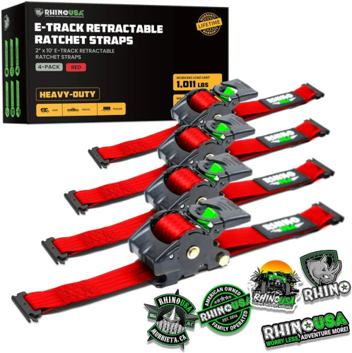 Rhino USA - Rhino USA Retractable E-Track Ratchet Straps - 2in.x10ft. - 4Pack - Red - TD-RSRE2X10-ETRK-4RED
