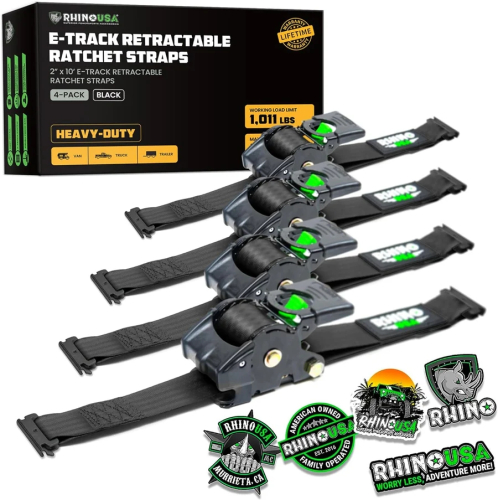 Rhino USA - Rhino USA Retractable E-Track Ratchet Straps - 2in.x10ft. -  2Pack - Black - TD-RSRE2X10-ETRK-4BLK