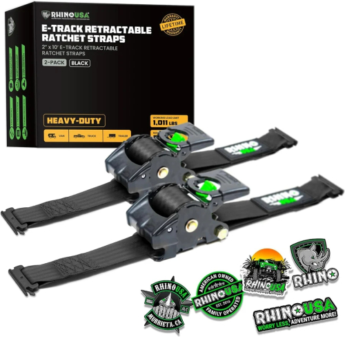 Rhino USA - Rhino USA Retractable E-Track Ratchet Straps - 2in.x10ft. - 2Pack - Black - TD-RSRE2X10-ETRK-BLK