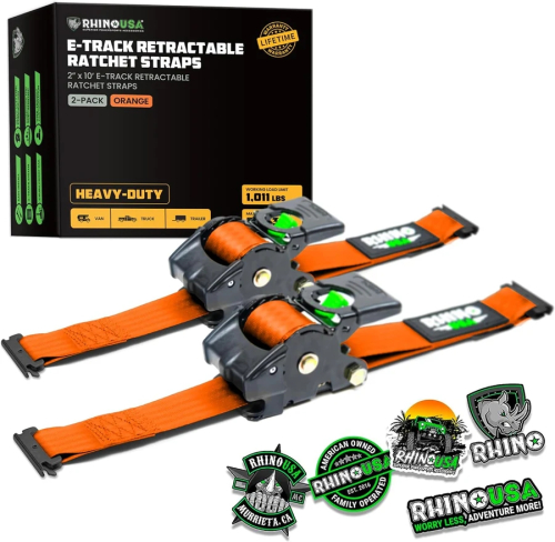 Rhino USA - Rhino USA Retractable E-Track Ratchet Straps - 2in.x10ft. - 2Pack - Orange - TD-RSRE2X10-ETRK-ORG