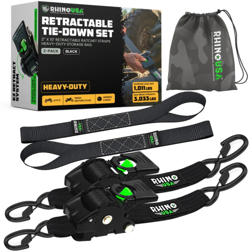 Rhino USA - Rhino USA Retractable Ratchet Straps - 2in.x10ft - 2Pack - Black - TD-RSRE2X10-BLK-R