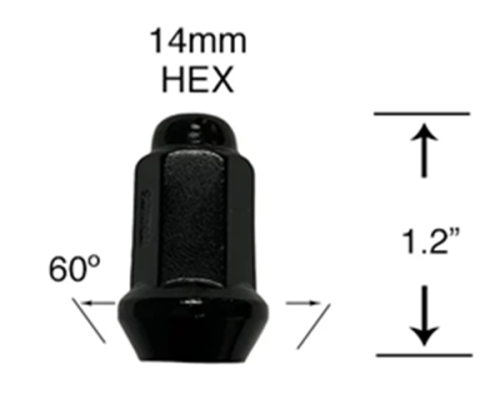 Excalibur Wheel Accessories Lug Nut - Conical (Tapered) - 10mm. X 1.25mm. - 14mm. Hex 1.2in. Tall - Black - 98-0033BK