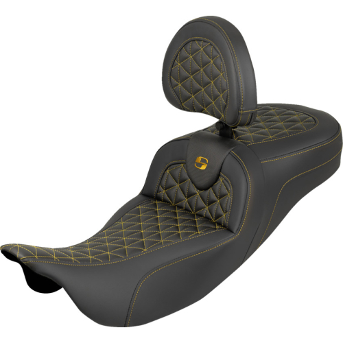 Saddlemen - Saddlemen Extended Reach RoadSofa Tri-Gripper Seat with Drivers Backrest - Gold Stitching - 808-07B-211B7