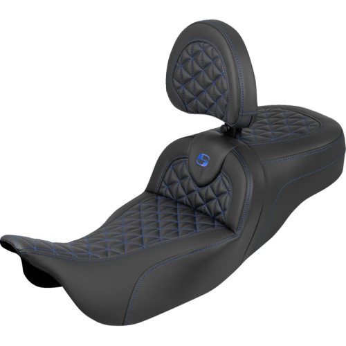 Saddlemen - Saddlemen Extended Reach RoadSofa Tri-Gripper Seat with Drivers Backrest - Blue Stitching - 808-07B-211B1