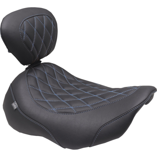 Mustang - Mustang Wide Tripper Solo Seat with Driver Backrest - Black/Sky Blue Stitching - 89503SB