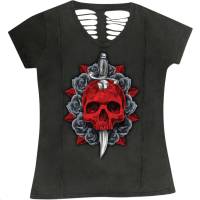 Lethal Threat - Lethal Threat Dagger Skull V-Neck Womens Shirt - LA20707L - Dagger Skull Gray - Large - Image 1